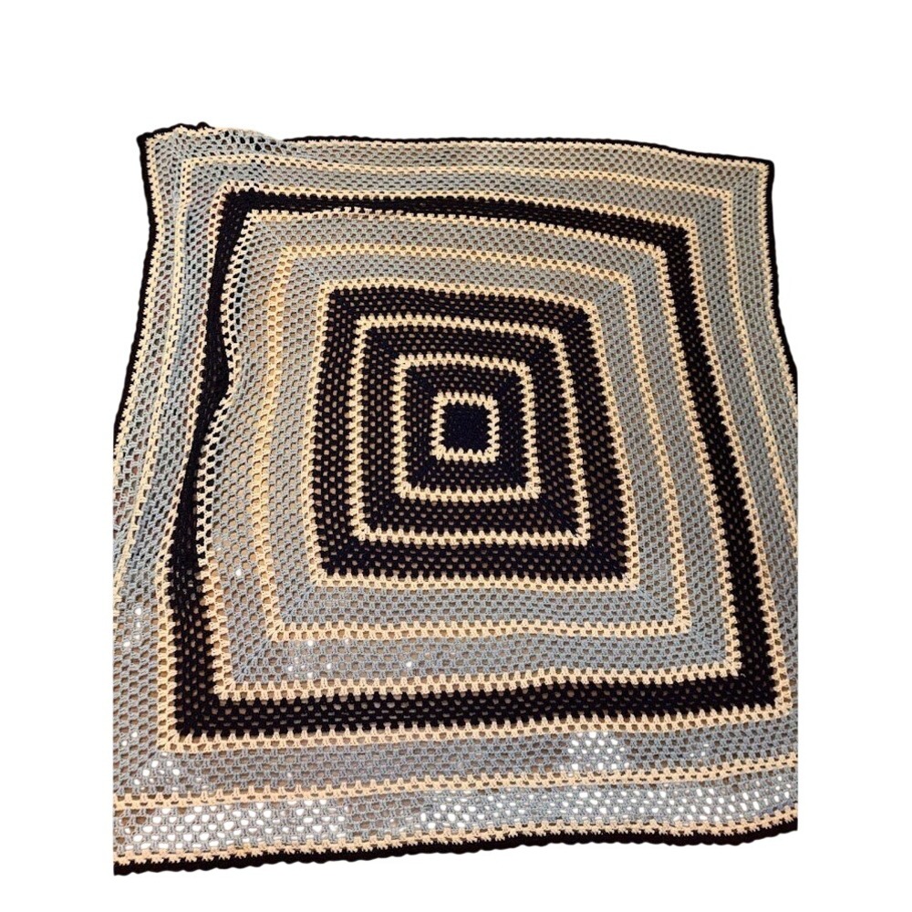 Handmade Crochet Granny Square Blanket Black Grey Cream Neutral Throw 64x64